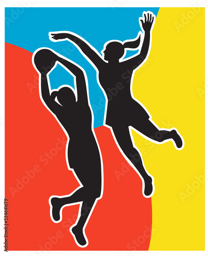 .illustration of two netball players silhouette jumping shooting blocking the ball