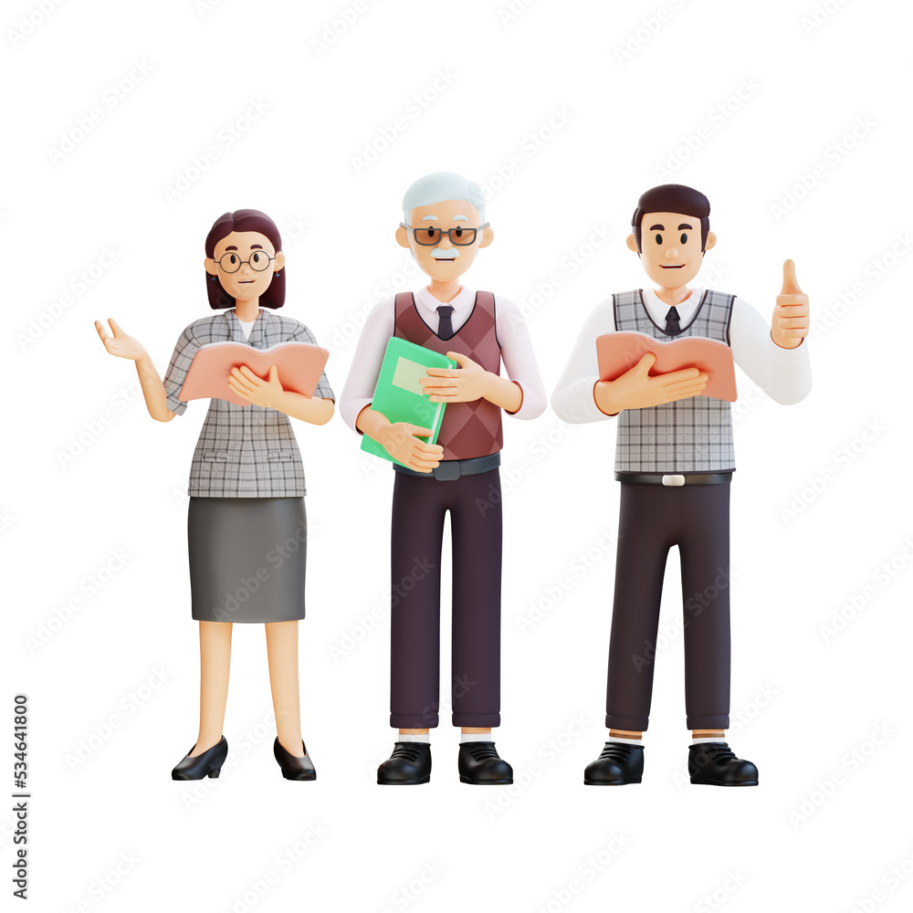 the teachers are standing while holding books 3d character illustration the teachers are standing while holding books 3d character illustration