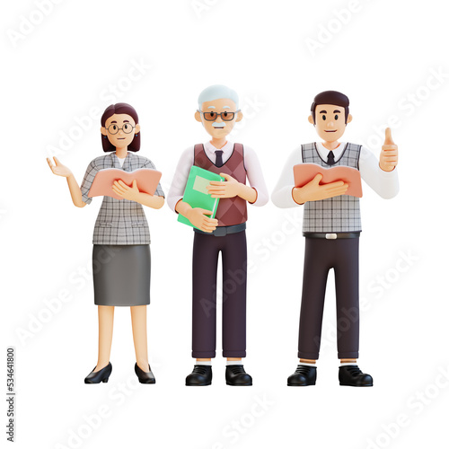 the teachers are standing while holding books 3d character illustration