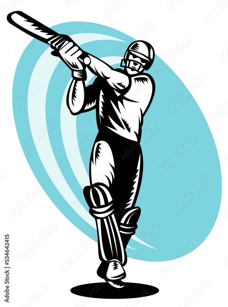 Fototapeta premium illustration of a cricket batsman batting front view done in retor woodcut style