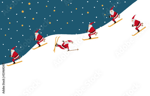 Illustration of Santa Claus skiing on a snowy mountain on a snowy night