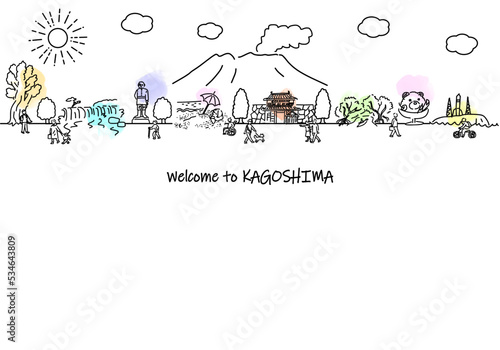 鹿児島県の観光地の街並みと人々のシンプル線画イラスト