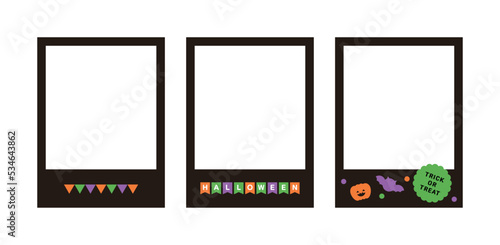 Photo frame with cute icon combination of Halloween day concept for autumn season. Label with 'trick ir treat' written on it, garland, flags, pumpkins and bats.