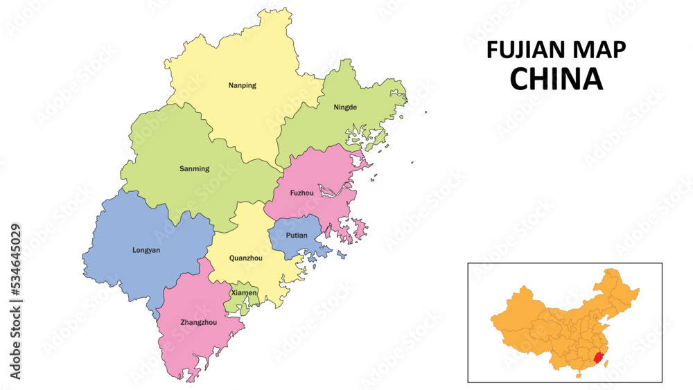 Fujian Map of China. State and district map of Fujian. Detailed ...