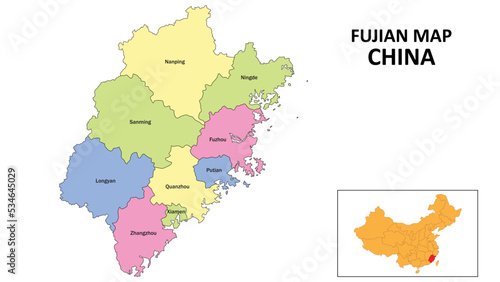 Fujian Map of China. State and district map of Fujian. Detailed colorful map of Fujian. photo