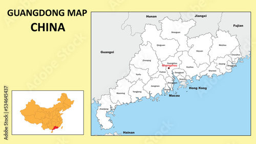 Guangdong Map of China. State and district map of Guangdong. Administrative map of Guangdong with district and capital in white color. photo