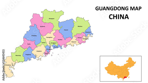 Guangdong Map of China. State and district map of Guangdong. Detailed colorful map of Guangdong.