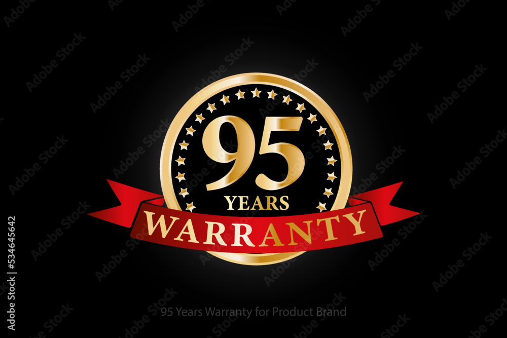 Fototapeta premium 95 years warranty golden logo with ring and red ribbon isolated on black background, vector design for product warranty, guarantee, service, corporate, and your business.