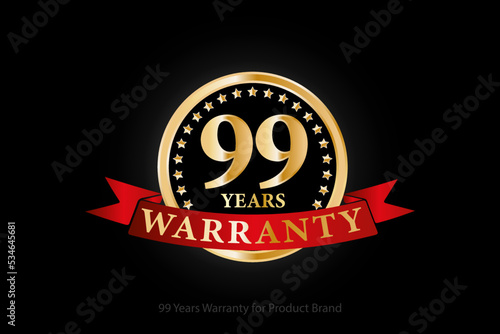 99 years warranty golden logo with ring and red ribbon isolated on black background, vector design for product warranty, guarantee, service, corporate, and your business.