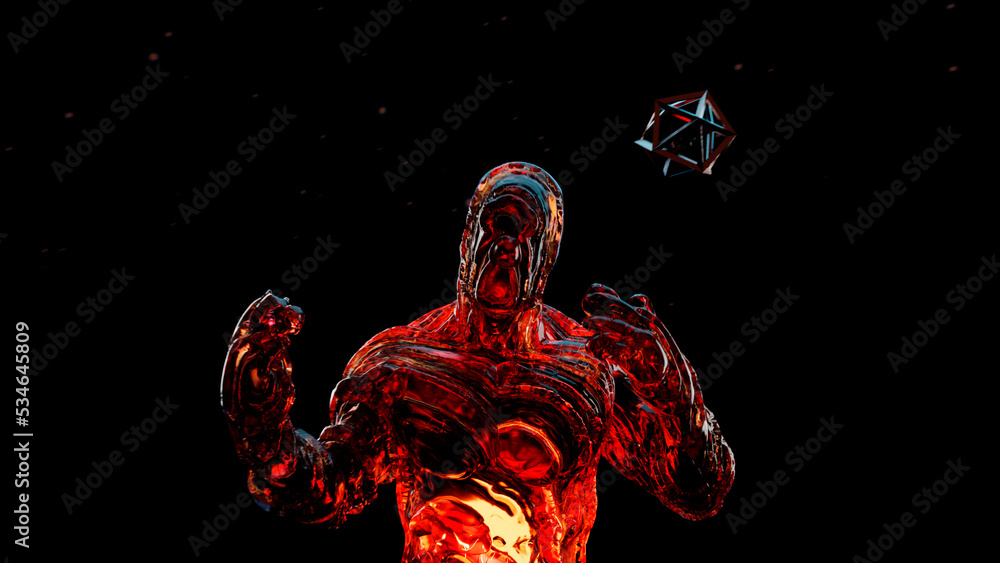 fantastic man from another dimension, levitating geometry against the background of stars. Cosmic deity, person of the future or a character from another reality , Computer visualization, 3d rendering