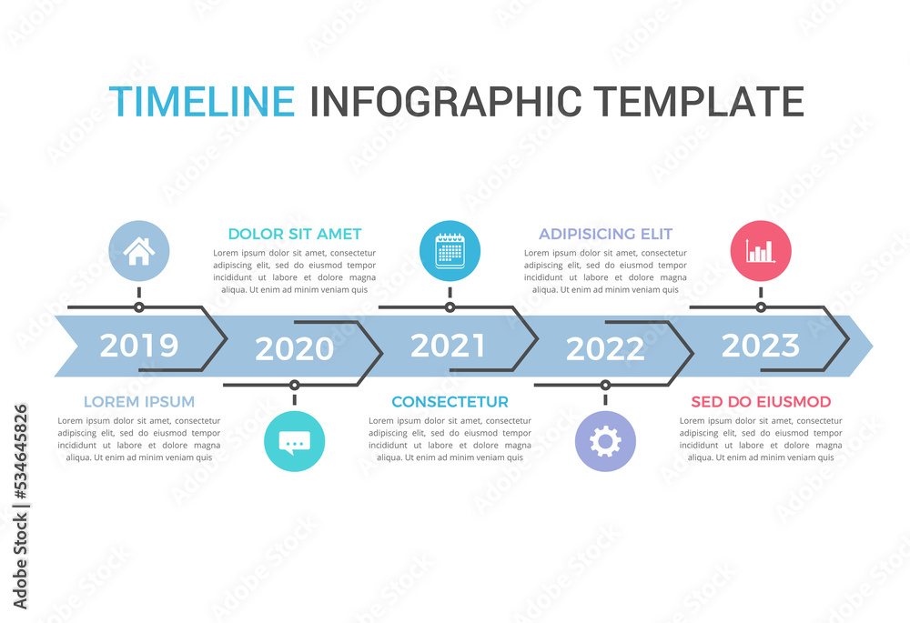 Horizontal timeline template with five arrows, workflow or process ...