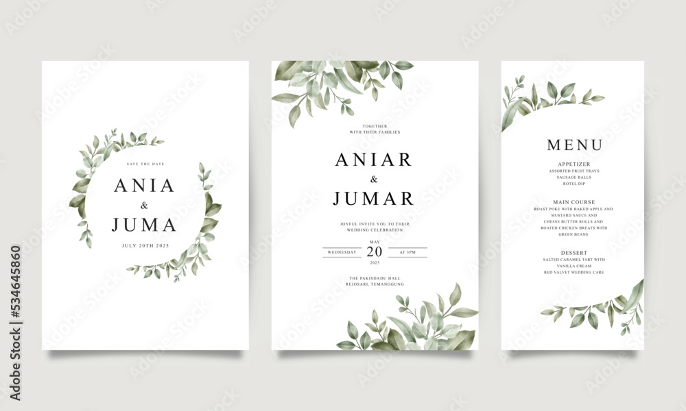 Set of elegant wedding invitation templates with greenery watercolor
