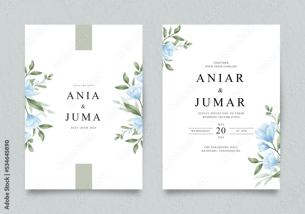 Wedding invitation template with blue flowers and green leaves