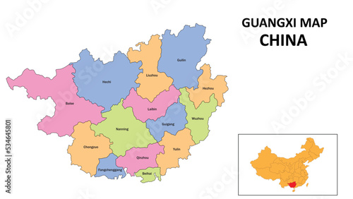 Guangxi Map of China. State and district map of Guangxi. Detailed colorful map of Guangxi.