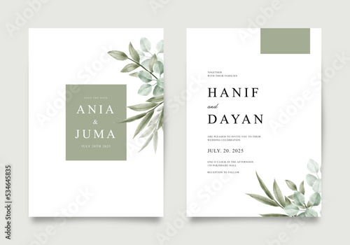 Minimalist wedding invitation template with green leaves