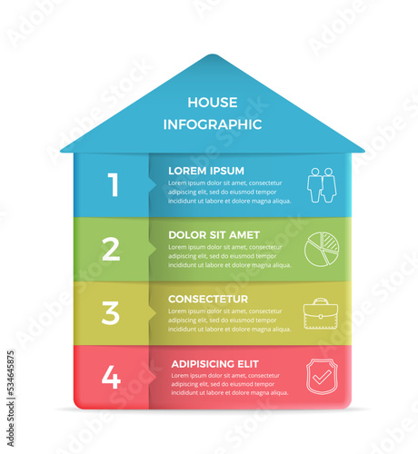 Infographic template with house divided on four elements with place for text and icons