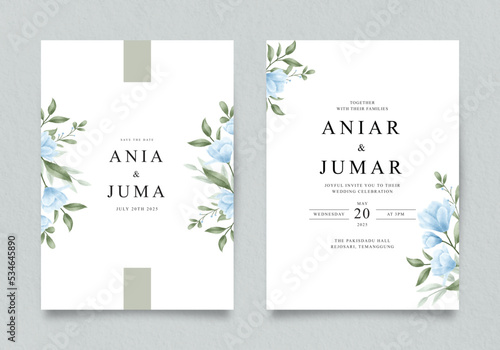 Wedding invitation template with blue flowers and green leaves