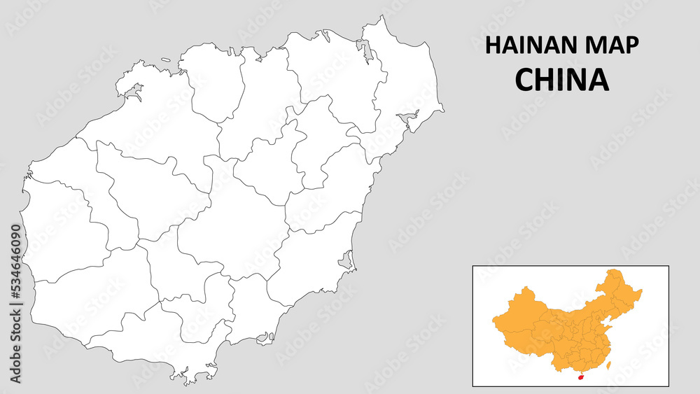 Hainan Map of China. Outline the state map of Hainan. Political map of Hainan with a black and white design.