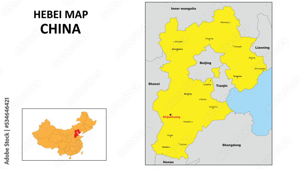 Hebei Map of China. Major city map of Hebei. Political map of Hebei