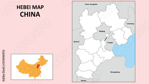 Hebei Map of China. State and district map of Hebei. Political map of Hebei with outline and black and white design.