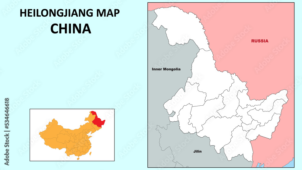 Heilongjiang Map of China. State and district map of Heilongjiang. Political map of Heilongjiang with outline and black and white design.