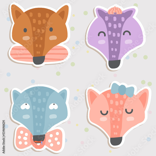 Fox Face Mood Sticker. Cute Wildlife Cartoon Animal hang on Tag Vector Illustration.