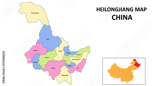 Heilongjiang Map of China. State and district map of Heilongjiang. Detailed colorful map of Heilongjiang. photo