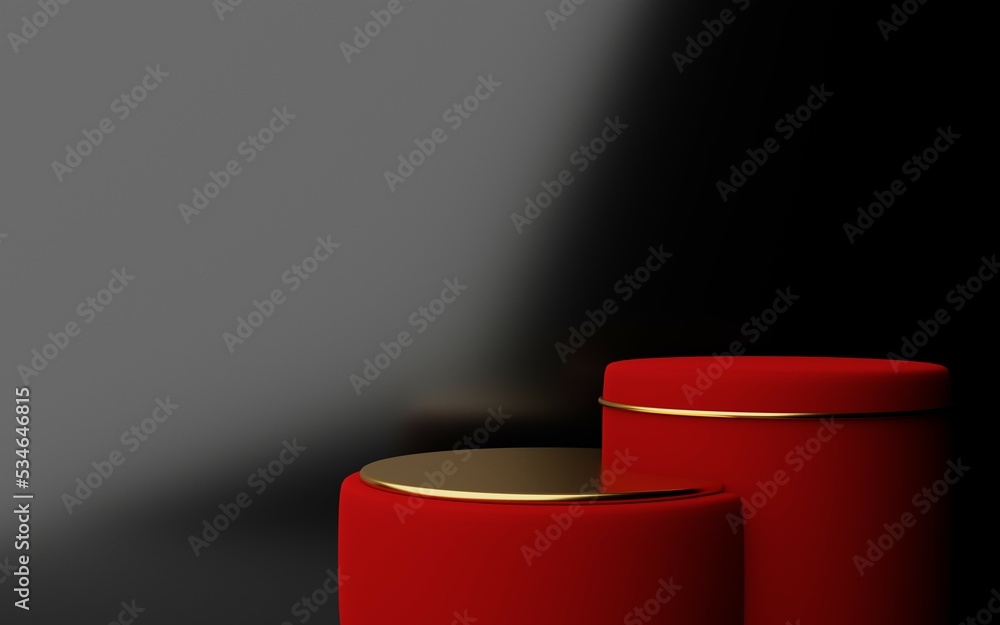 Realistic 3D cylinder pedestal in dark red and gold Realistic 3D cylinder pedestal in dark red and gold