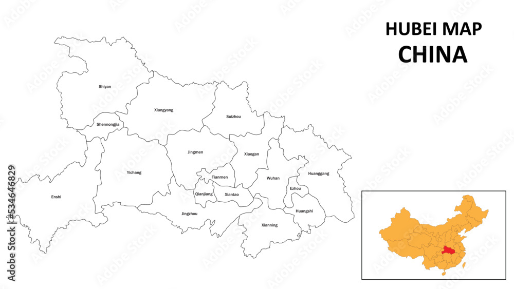Hubei Map of China. State and district map of Hubei. Administrative map