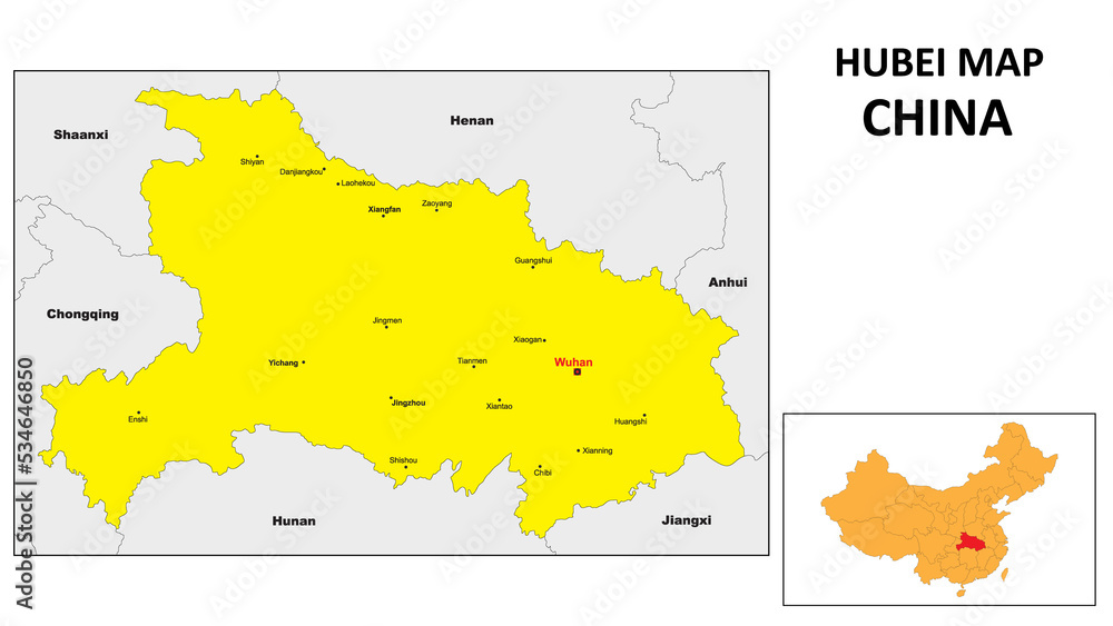 Hubei Map of China. Major city map of Hubei. Political map of Hubei with country capital.