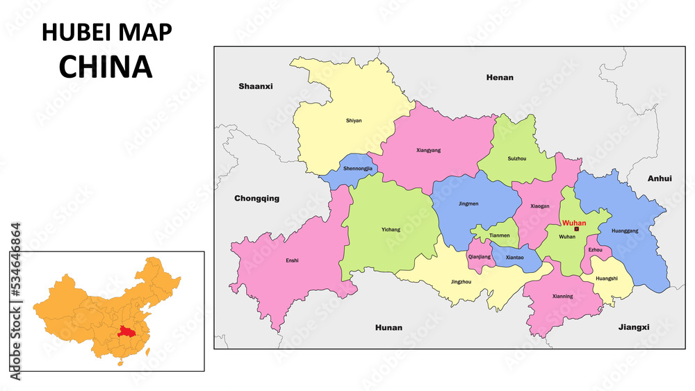 Fototapeta Hubei Map of China. State and district map of Hubei. Political map of Hubei with country capital.