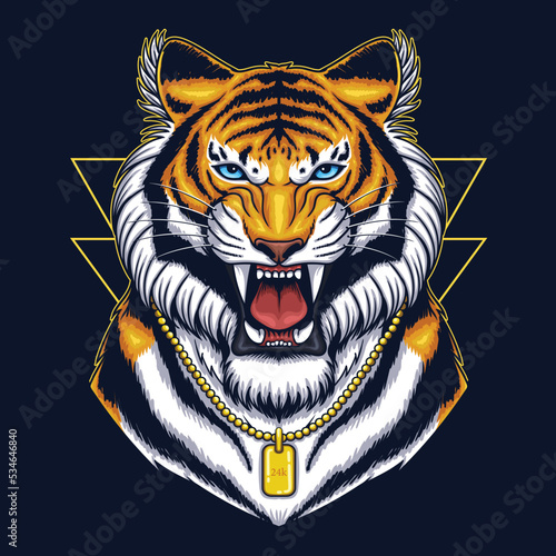 Angry tiger wearing necklace gold vector illustration