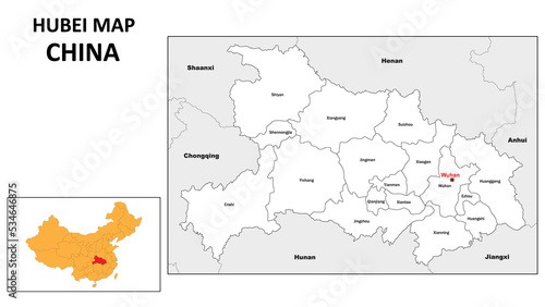 Hubei Map of China. State and district map of Hubei. Administrative map of Hubei with district and capital in white color. photo