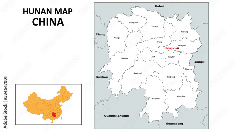 Hunan Map of China. State and district map of Hunan. Administrative map