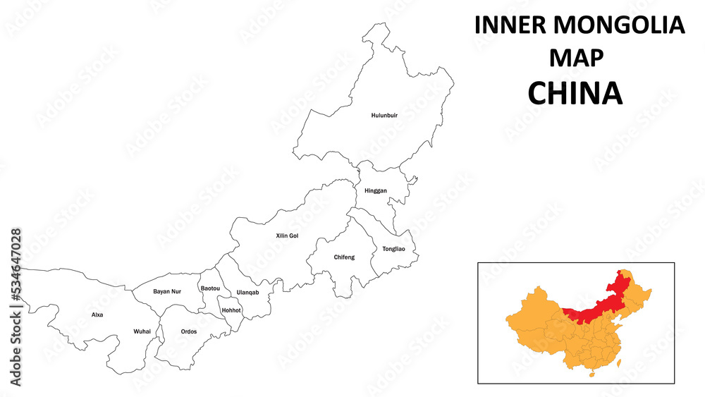 Inner Mongolia Map of China. State and district map of Inner Mongolia. Administrative map of Inner Mongolia with the district in white color.