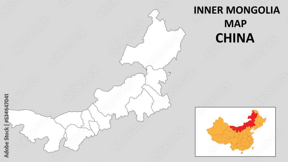 Fototapeta premium Inner Mongolia Map of China. Outline the state map of Inner Mongolia. Political map of Inner Mongolia with a black and white design.