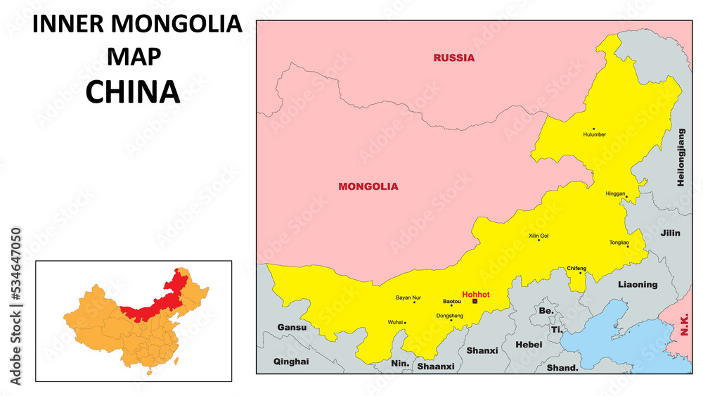 Obraz premium Inner Mongolia Map of China. Major city map of Inner Mongolia. Political map of Inner Mongolia with country capital.