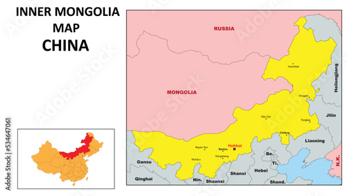 Inner Mongolia Map of China. Major city map of Inner Mongolia. Political map of Inner Mongolia with country capital.