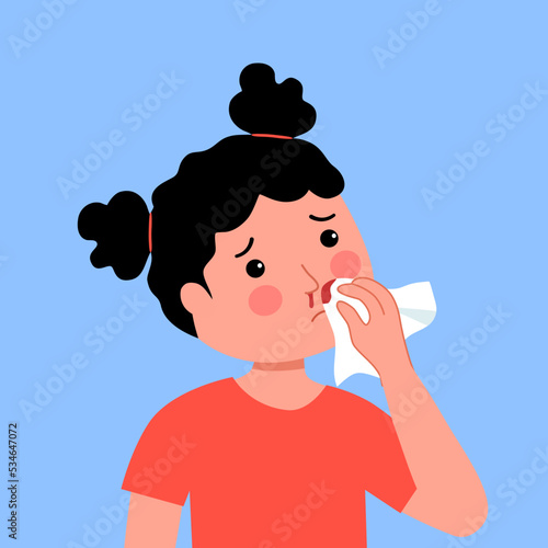 Sick girl child with a nosebleed in flat design. Nose bleeding symptom.