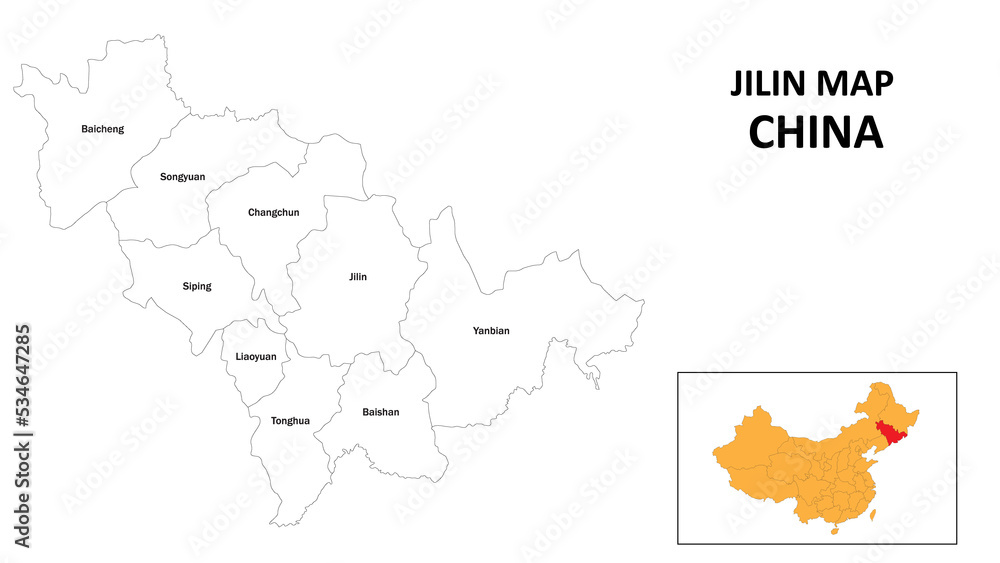 Jilin Map of China. State and district map of Jilin. Administrative map of Jilin with the district in white color.