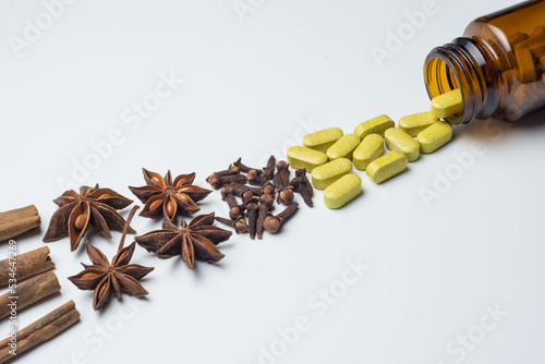 Alternative health care pills fresh herbal tablets, traditional medicine, organic pills, with ingredients of dried herbs and herbal simplicia