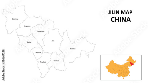 Jilin Map of China. State and district map of Jilin. Administrative map of Jilin with the district in white color.