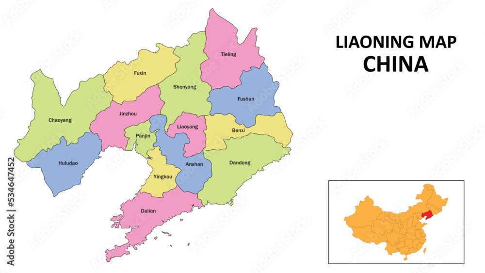 Obraz premium Liaoning Map of China. State and district map of Liaoning. Detailed colorful map of Liaoning.