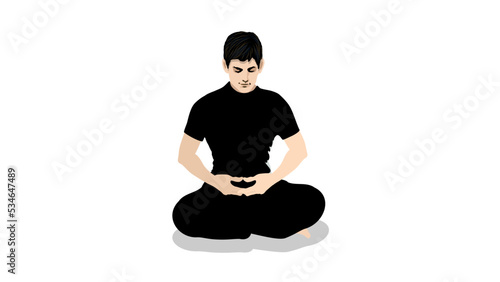Man sitting on the floor, an asian man in a black t-shirt and black pants, touching fingers, sitting cross-legged, vector illustration