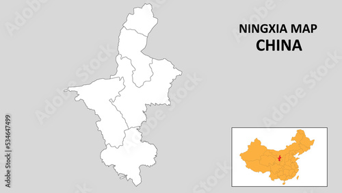 Ningxia Map of China. Outline the state map of Ningxia. Political map of Ningxia with a black and white design.
