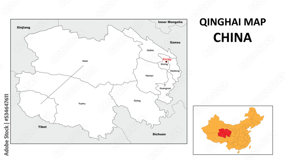 Qinghai Map of China. State and district map of Qinghai. Administrative map of Qinghai with district and capital in white color.