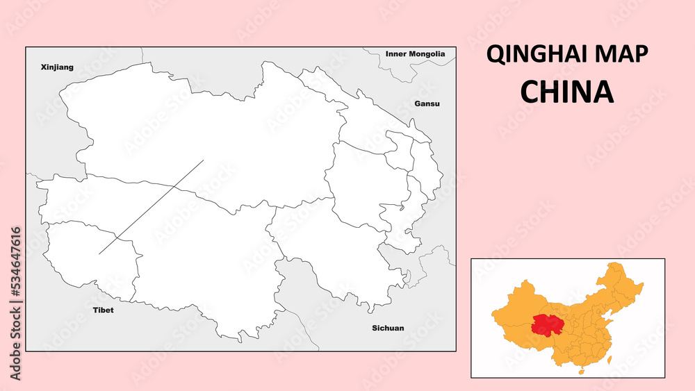 Qinghai Map of China. State and district map of Qinghai. Political map of Qinghai with outline and black and white design.