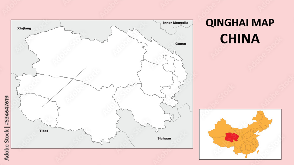 Qinghai Map of China. State and district map of Qinghai. Political map of Qinghai with outline and black and white design.