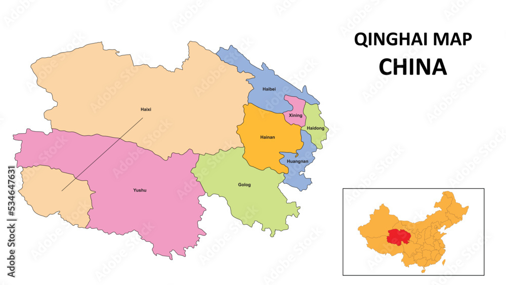 Obraz premium Qinghai Map of China. State and district map of Qinghai. Detailed colourful map of Qinghai.