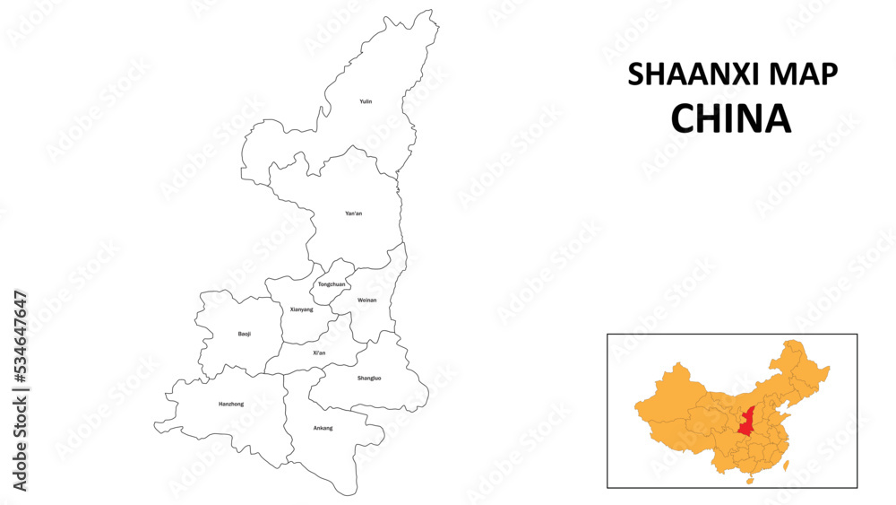 Shaanxi Map of China. State and district map of Shaanxi. Administrative